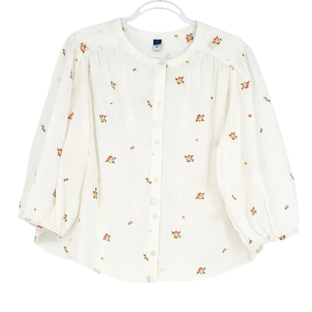 Old Navy Embroidered Blouse Womens Large White Floral Button Down Boho Peasant